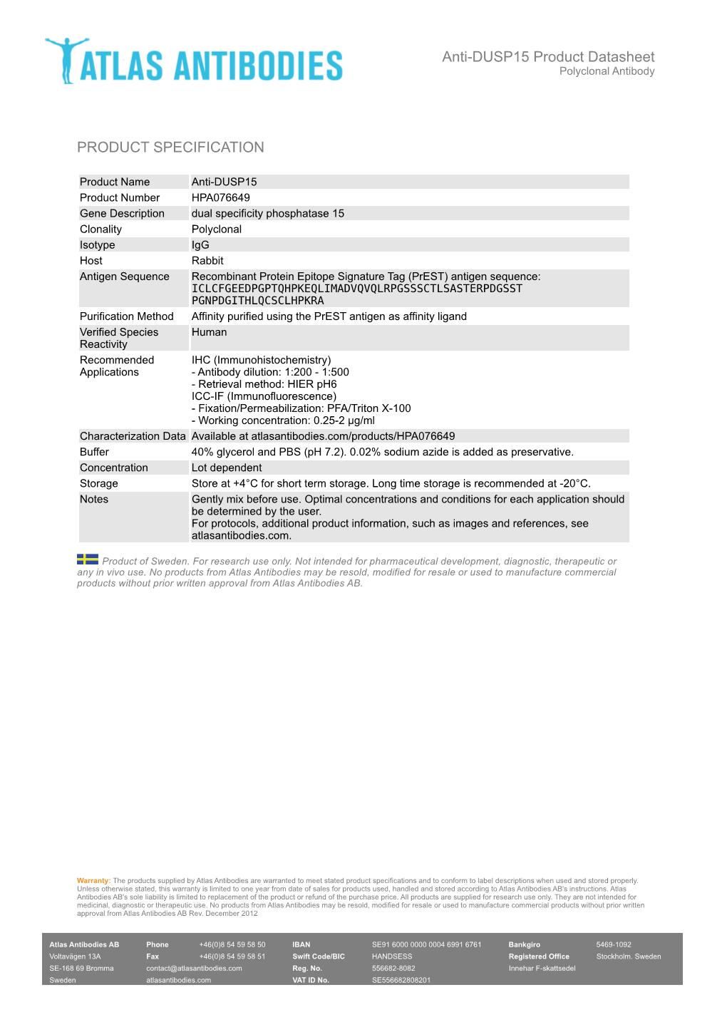 PRODUCT SPECIFICATION Anti-DUSP15