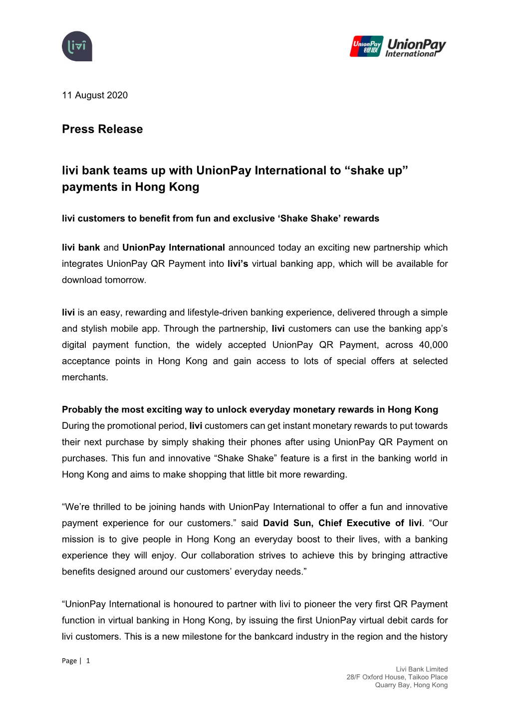 Press Release Livi Bank Teams up with Unionpay International to “Shake Up