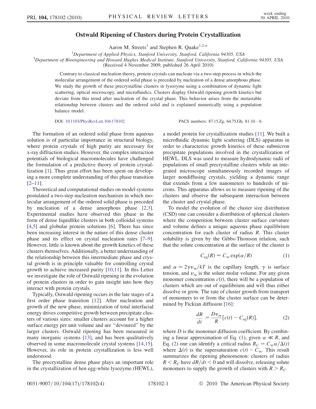 Ostwald Ripening of Clusters During Protein Crystallization