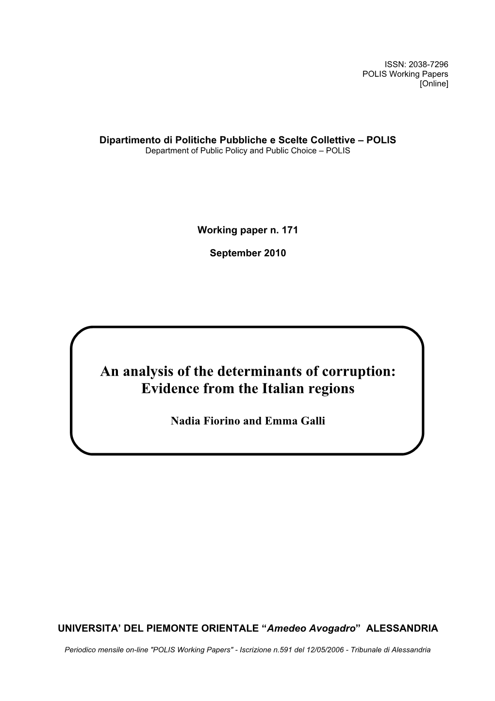 An Analysis of the Determinants of Corruption: Evidence from the Italian Regions