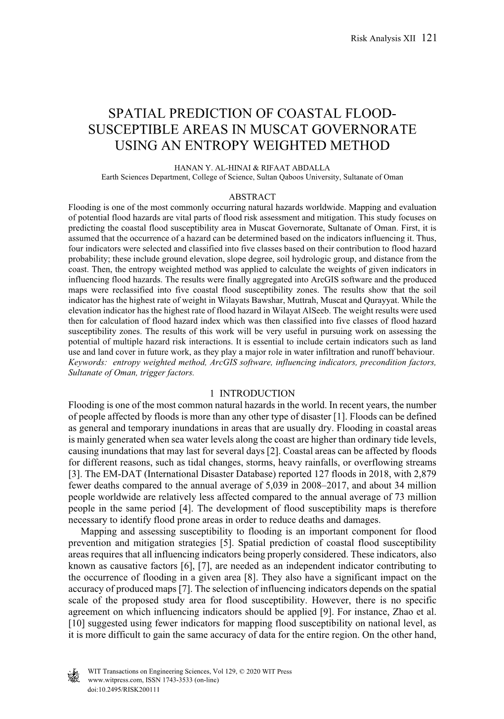 Spatial Prediction of Coastal Flood- Susceptible Areas in Muscat Governorate Using an Entropy Weighted Method