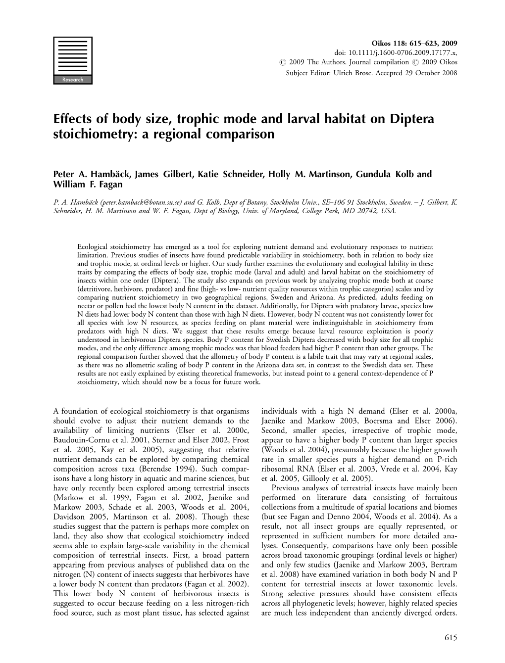 Effects of Body Size, Trophic Mode and Larval Habitat on Diptera Stoichiometry: a Regional Comparison