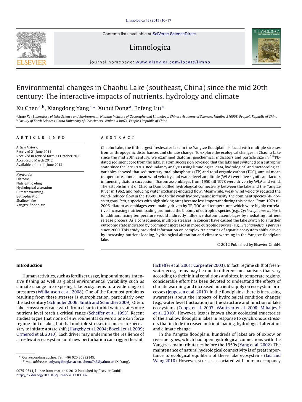 Environmental Changes in Chaohu Lake (Southeast, China) Since the Mid 20Th Century: the Interactive Impacts of Nutrients, Hydrology and Climate