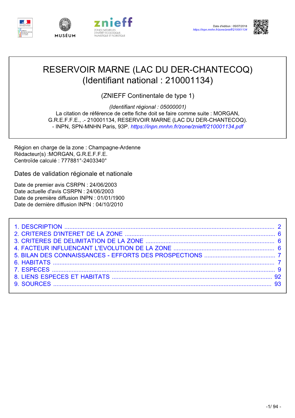 RESERVOIR MARNE (LAC DU DER-CHANTECOQ) (Identifiant National : 210001134)