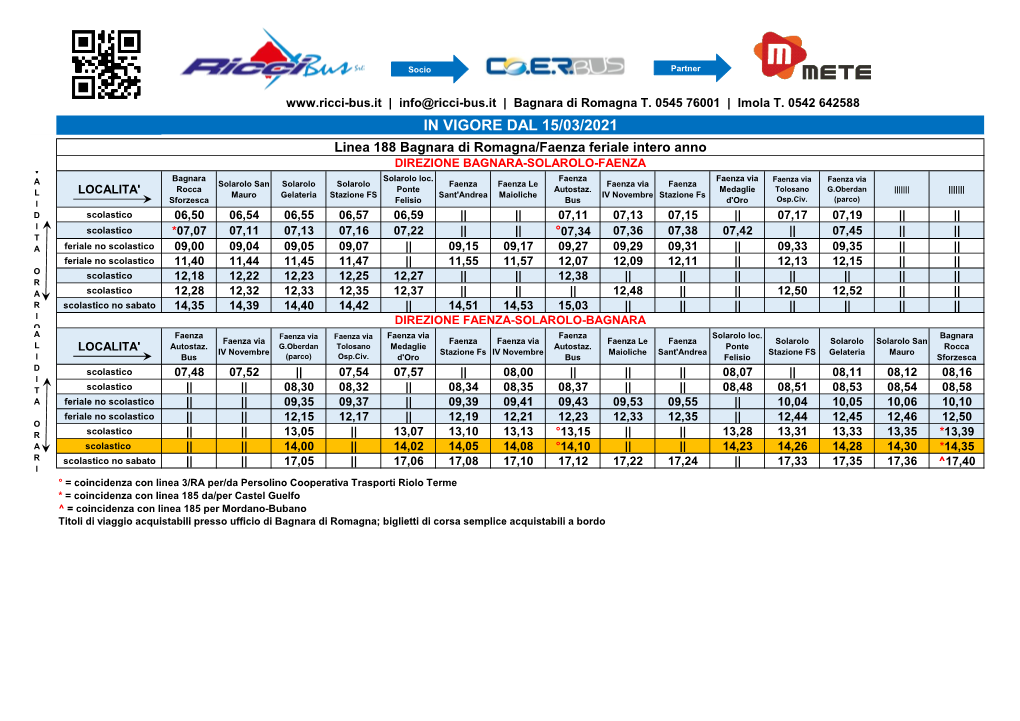 IN VIGORE DAL 15/03/2021 Linea 188 Bagnara Di Romagna/Faenza Feriale Intero Anno DIREZIONE BAGNARA-SOLAROLO-FAENZA V Bagnara Solarolo Loc