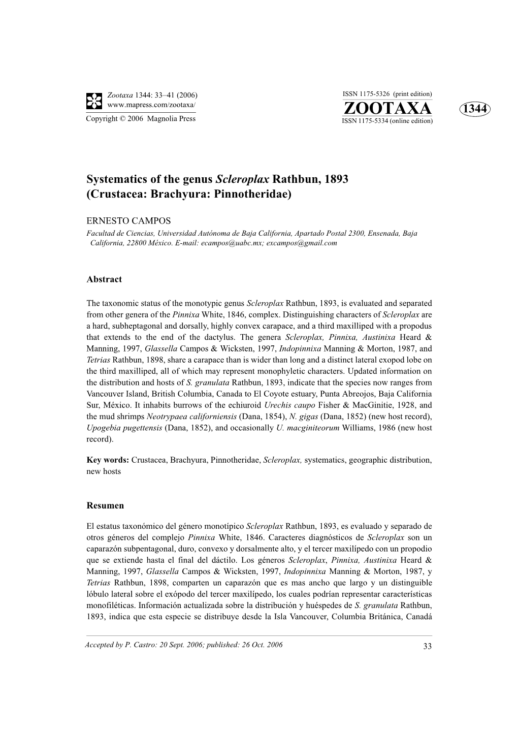 Zootaxa: Systematics of the Genus Scleroplax Rathbun, 1893