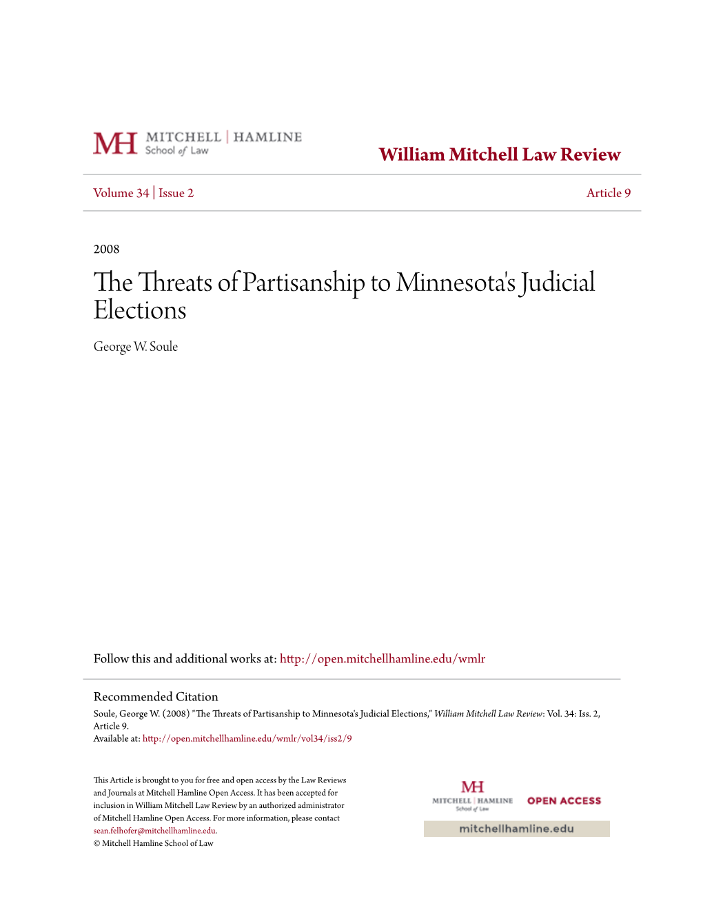The Threats of Partisanship to Minnesota's Judicial Elections George W