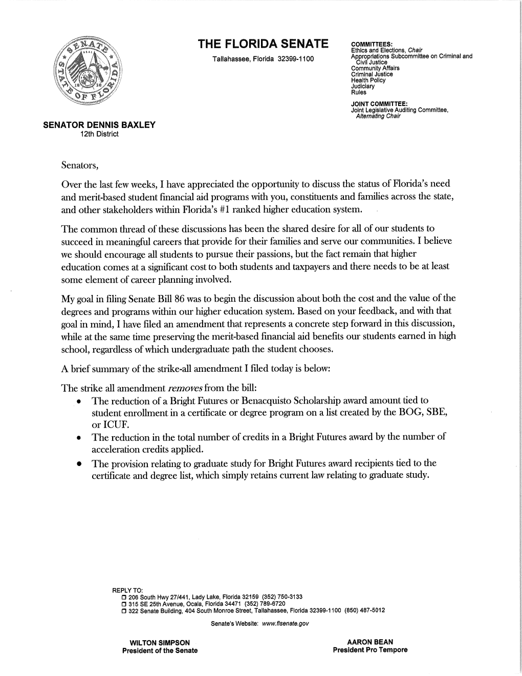 Senator Baxley SB 86 Strike All Letter