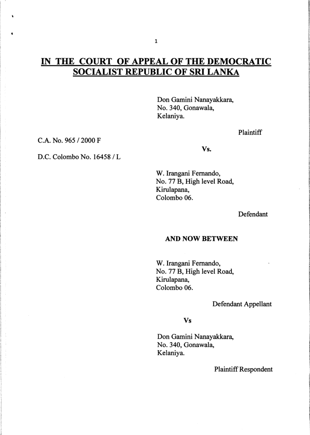 CA DC Colombo 965 /2000 W. Irangani Fernando Vs. Don Gamini Nanayakkara