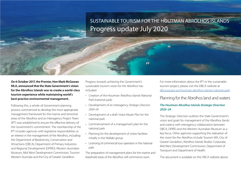 SUSTAINABLE TOURISM for the HOUTMAN ABROLHOS ISLANDS Progress Update July 2020