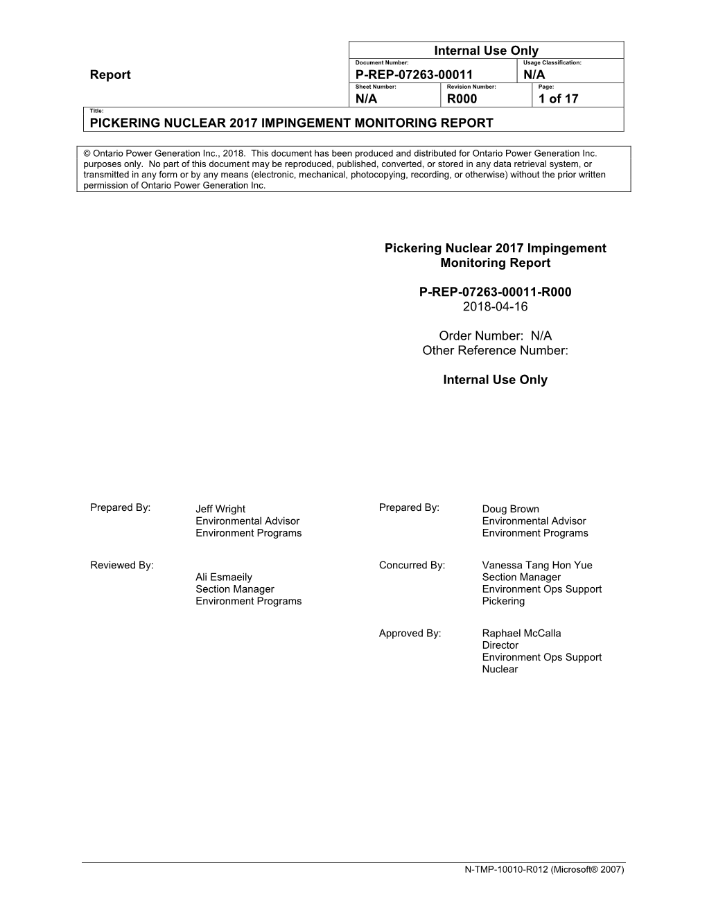 Pickering Nuclear 2017 Impingement Monitoring Report