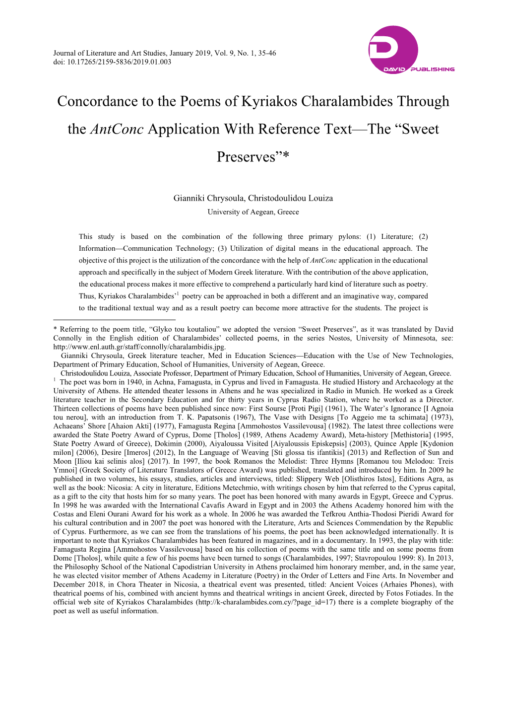 Concordance to the Poems of Kyriakos Charalambides Through the Αntconc Application with Reference Text—The “Sweet Preserves”*