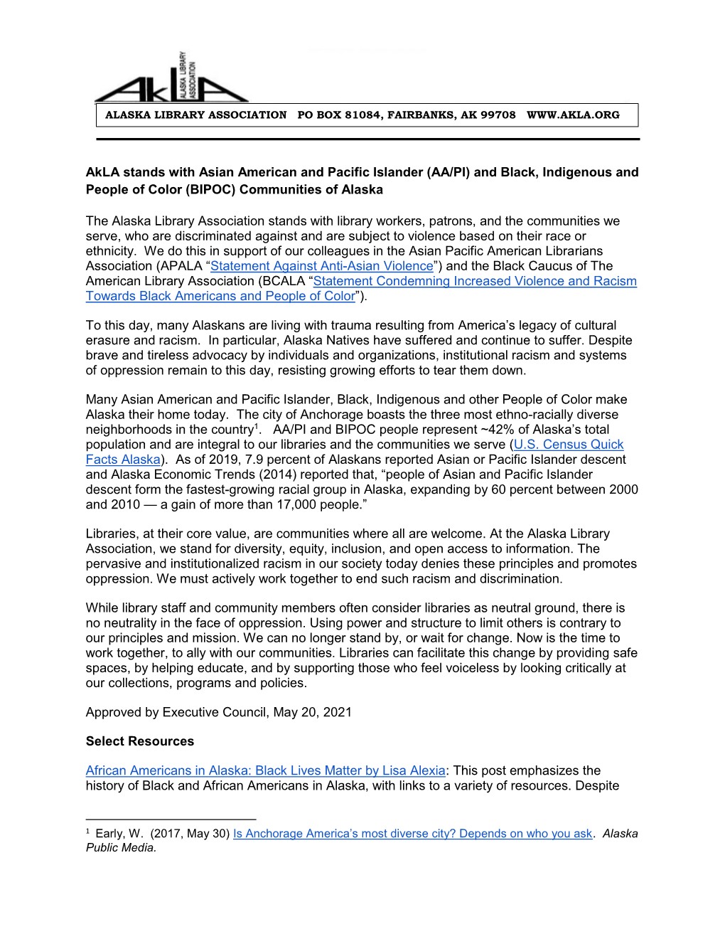 Akla Stands with Asian American and Pacific Islander (AA/PI) and Black, Indigenous and People of Color (BIPOC) Communities of Alaska