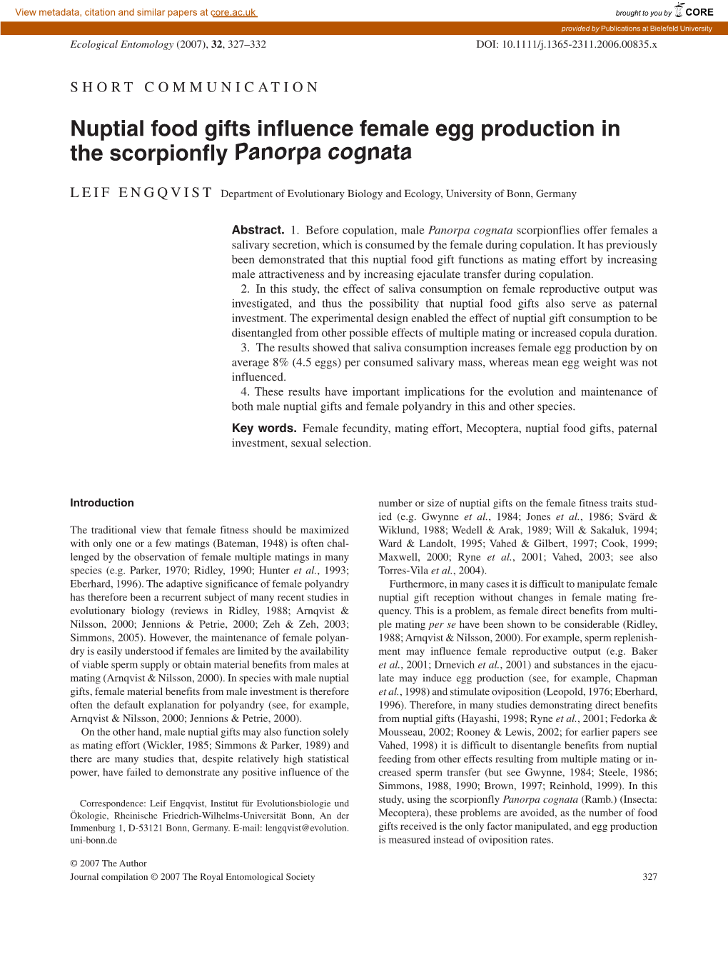 Nuptial Food Gifts Influence Female Egg Production in the Scorpionfly