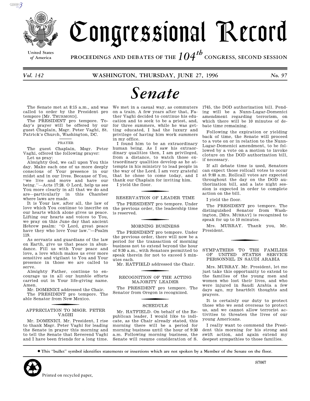 Congressional Record United States Th of America PROCEEDINGS and DEBATES of the 104 CONGRESS, SECOND SESSION