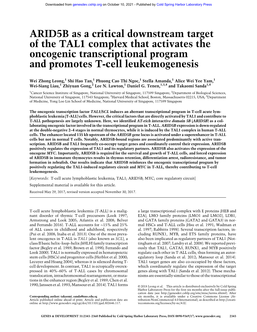 ARID5B As a Critical Downstream Target of the TAL1 Complex That Activates the Oncogenic Transcriptional Program and Promotes T-Cell Leukemogenesis