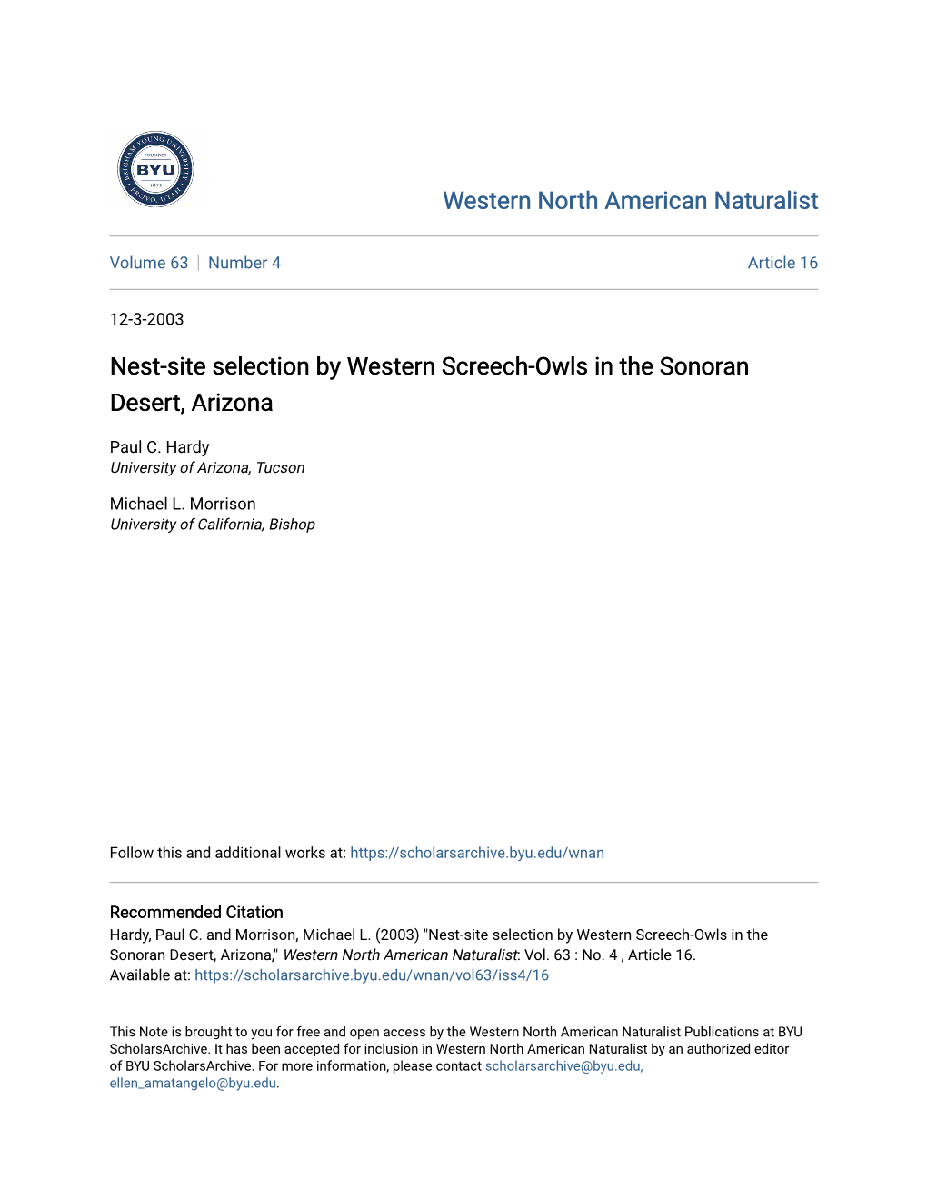 Nest-Site Selection by Western Screech-Owls in the Sonoran Desert, Arizona