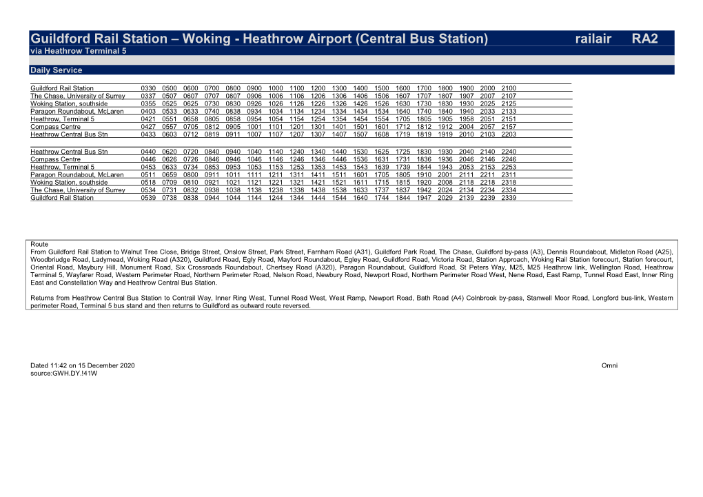 Woking - Heathrow Airport (Central Bus Station) Railair RA2 Via Heathrow Terminal 5