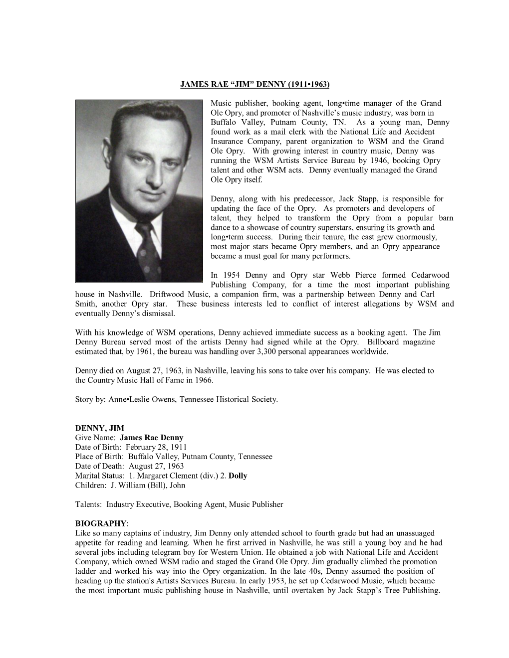 JAMES RAE “JIM” DENNY (1911-1963) Music Publisher