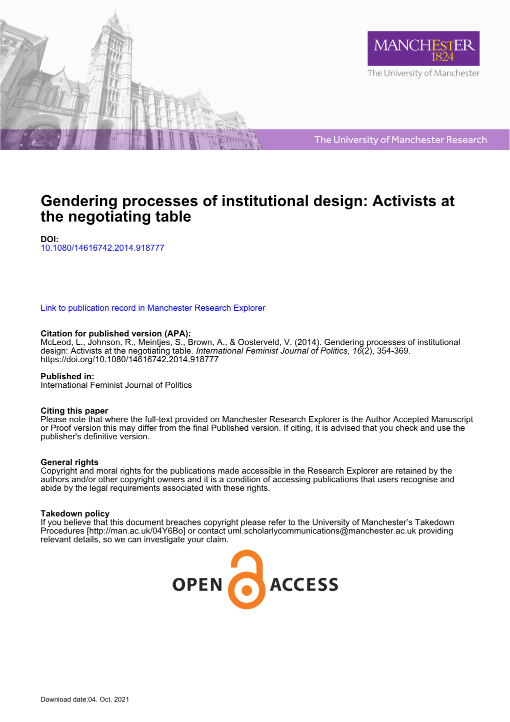 Gendering Processes of Institutional Design: Activists at the Negotiating Table