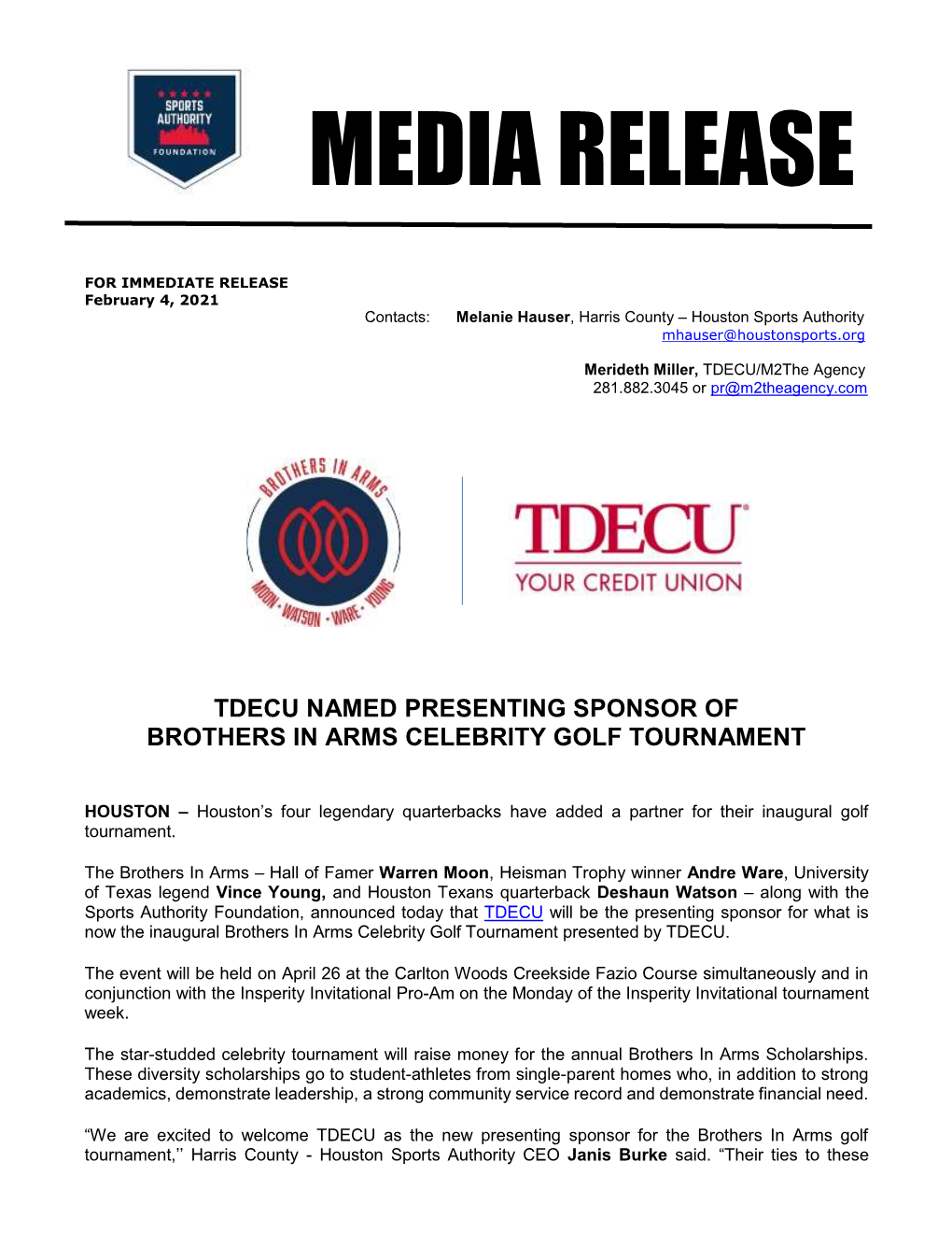 Tdecu Named Presenting Sponsor of Brothers in Arms Celebrity Golf Tournament