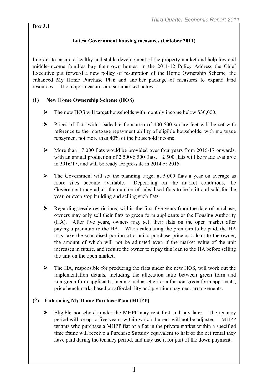 Latest Government Housing Measures (October 2011)