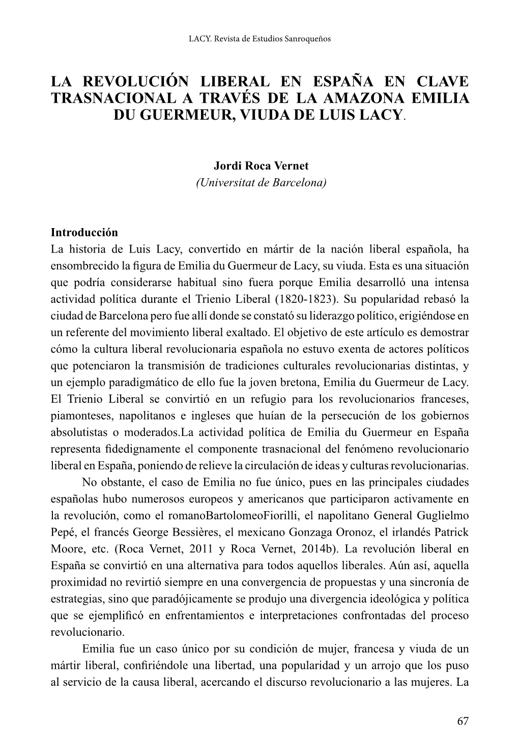 La Revolución Liberal En España En Clave Trasnacional a Través De La Amazona Emilia Du Guermeur, Viuda De Luis Lacy