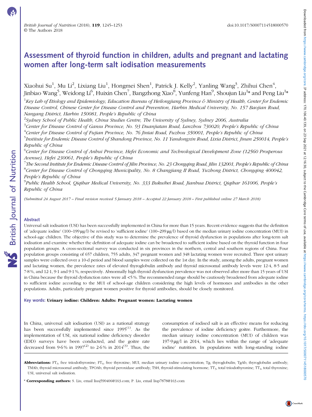 Assessment of Thyroid Function in Children, Adults and Pregnant and Lactating Women After Long-Term Salt Iodisation Measurements