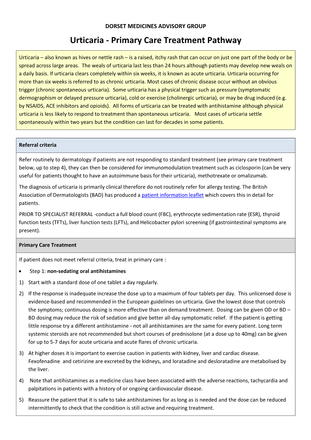 Urticaria - Primary Care Treatment Pathway