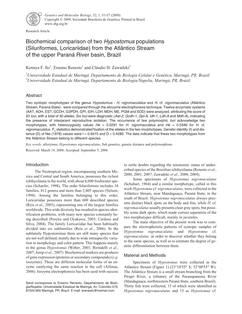 Biochemical Comparison of Two Hypostomus Populations (Siluriformes, Loricariidae) from the Atlântico Stream of the Upper Paraná River Basin, Brazil