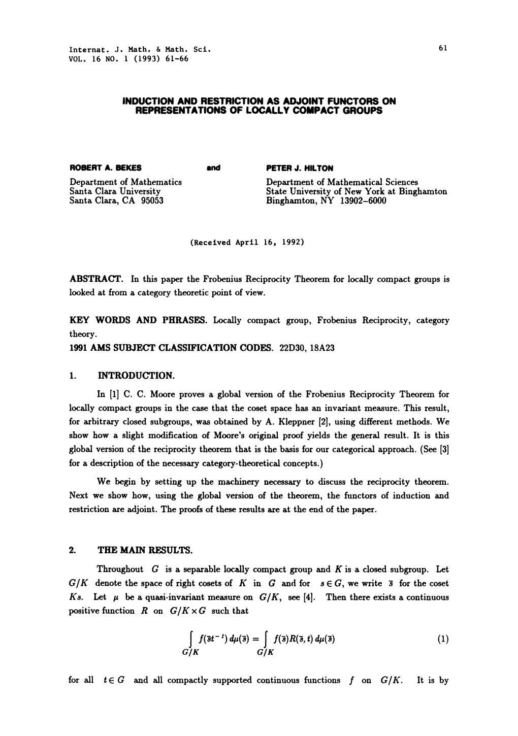 Induction and Restriction As Adjoint Functors on Representations of Locally Compact Groups