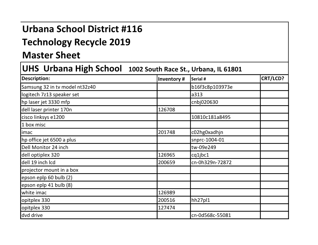 Urbana School District #116 Technology Recycle 2019 Master