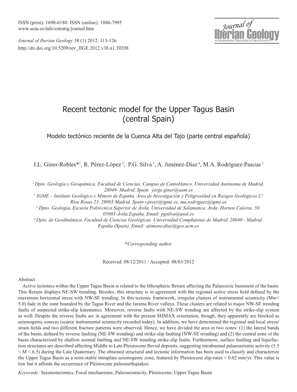 Recent Tectonic Model for the Upper Tagus Basin (Central Spain)