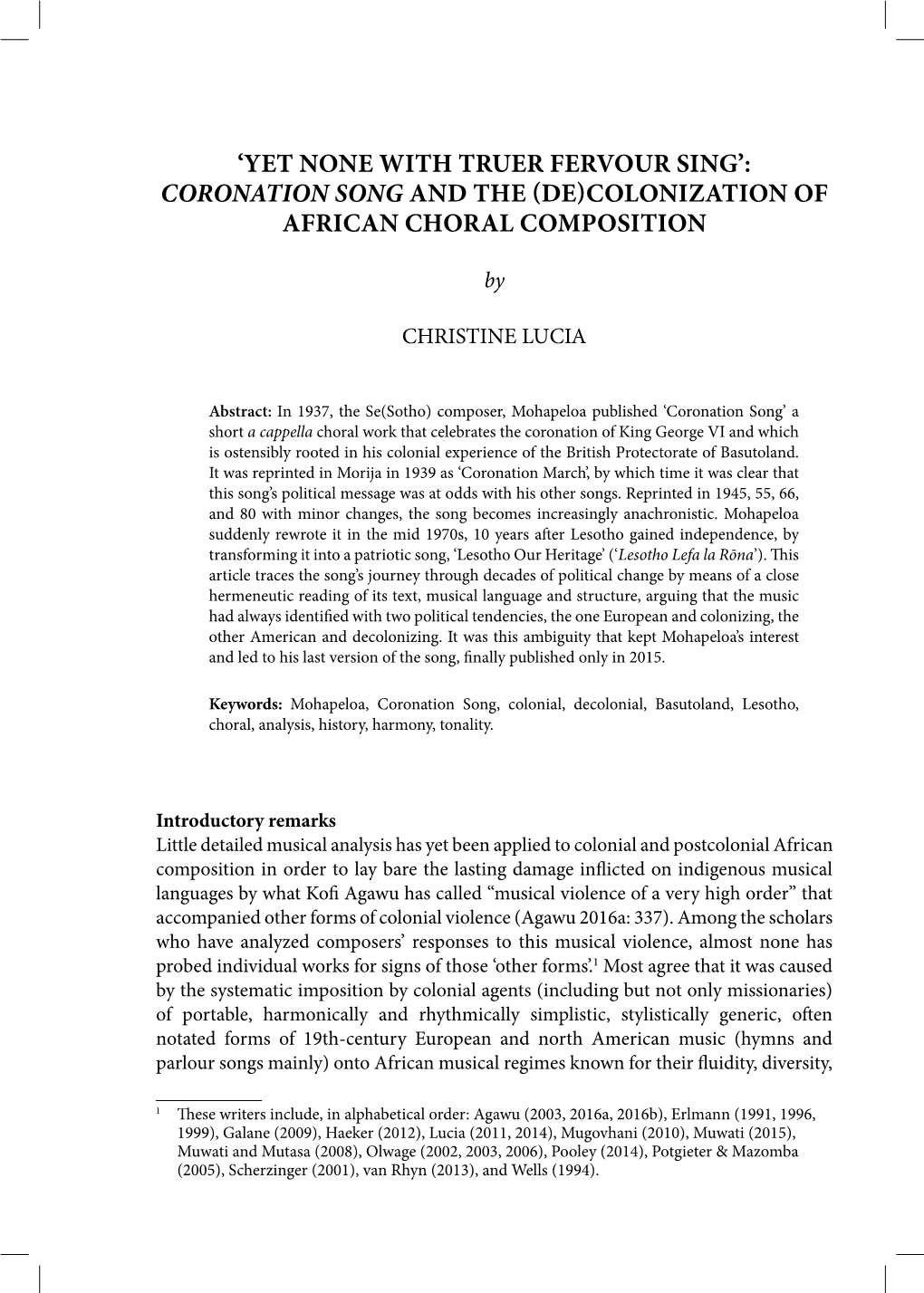 Yet None with Truer Fervour Sing’: Coronation Song and the (De)Colonization of African Choral Composition