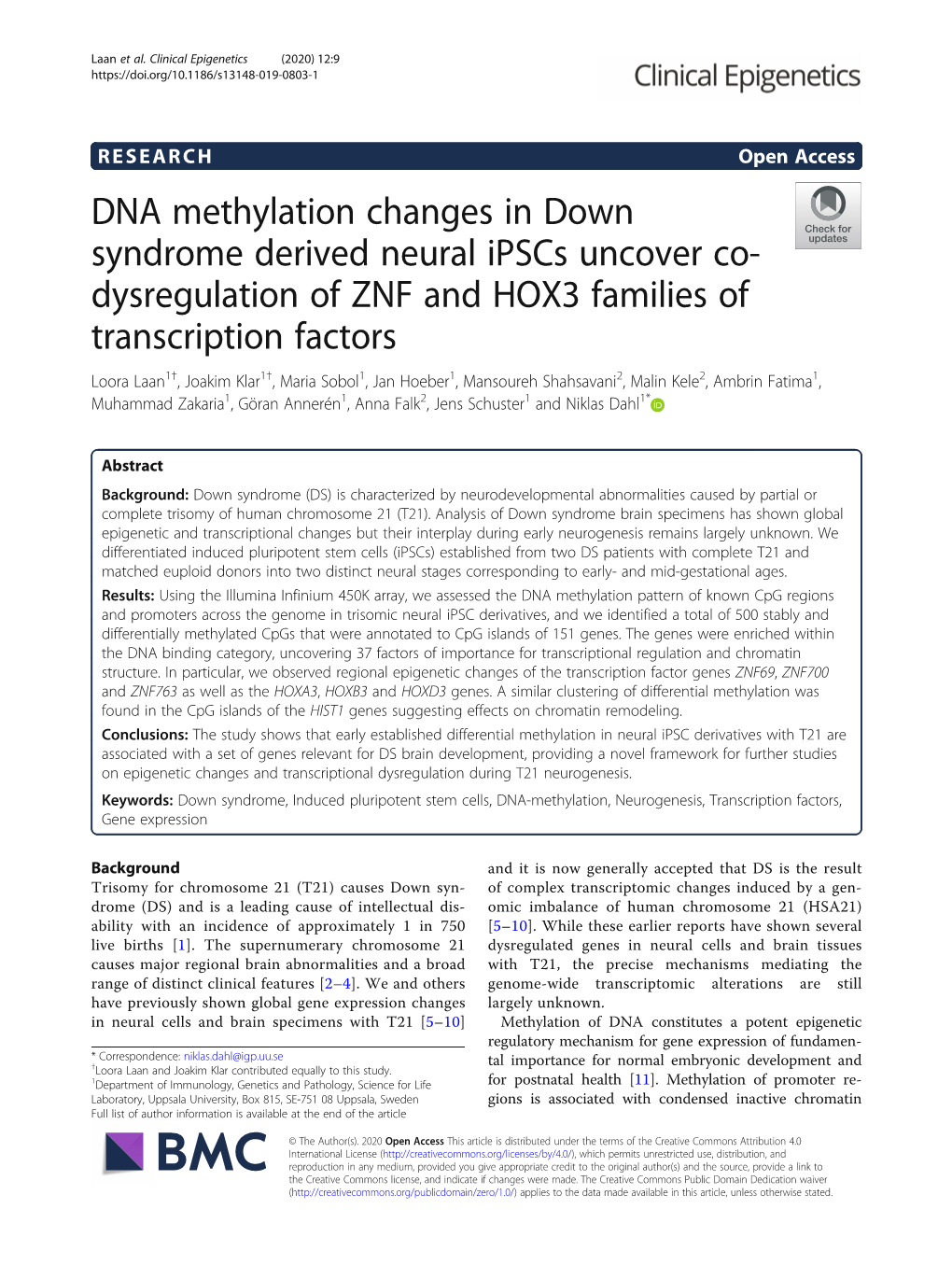 DNA Methylation Changes in Down Syndrome Derived Neural Ipscs Uncover Co-Dysregulation of ZNF and HOX3 Families of Transcription