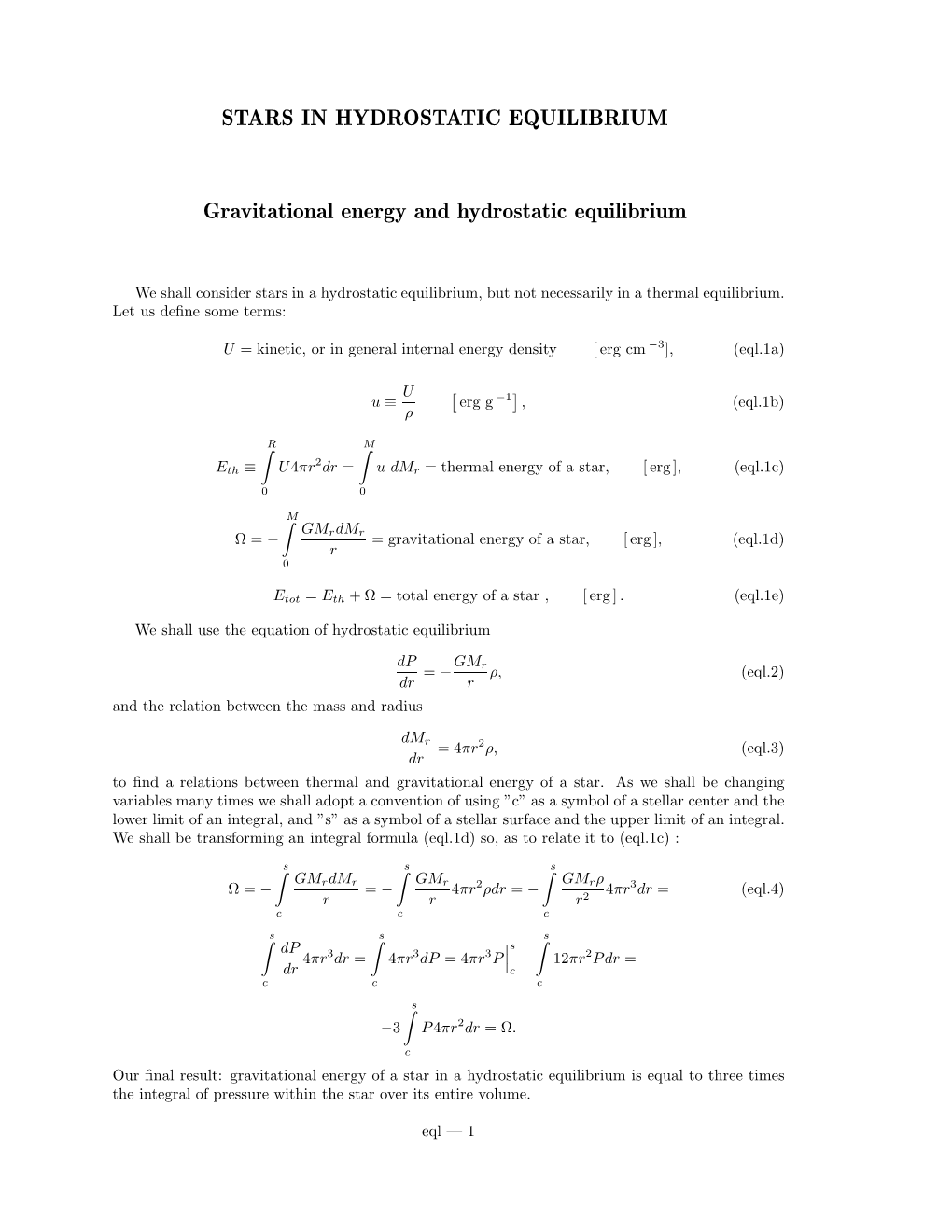 STARS in HYDROSTATIC EQUILIBRIUM Gravitational Energy