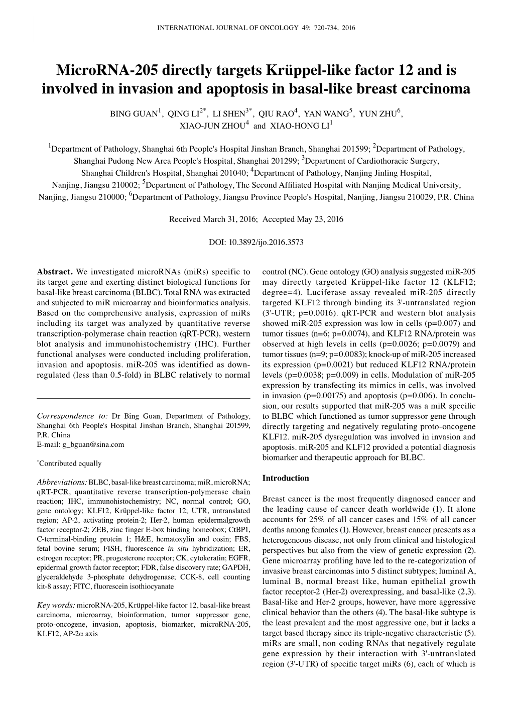 Microrna-205 Directly Targets Krüppel-Like Factor 12 and Is Involved in Invasion and Apoptosis in Basal-Like Breast Carcinoma