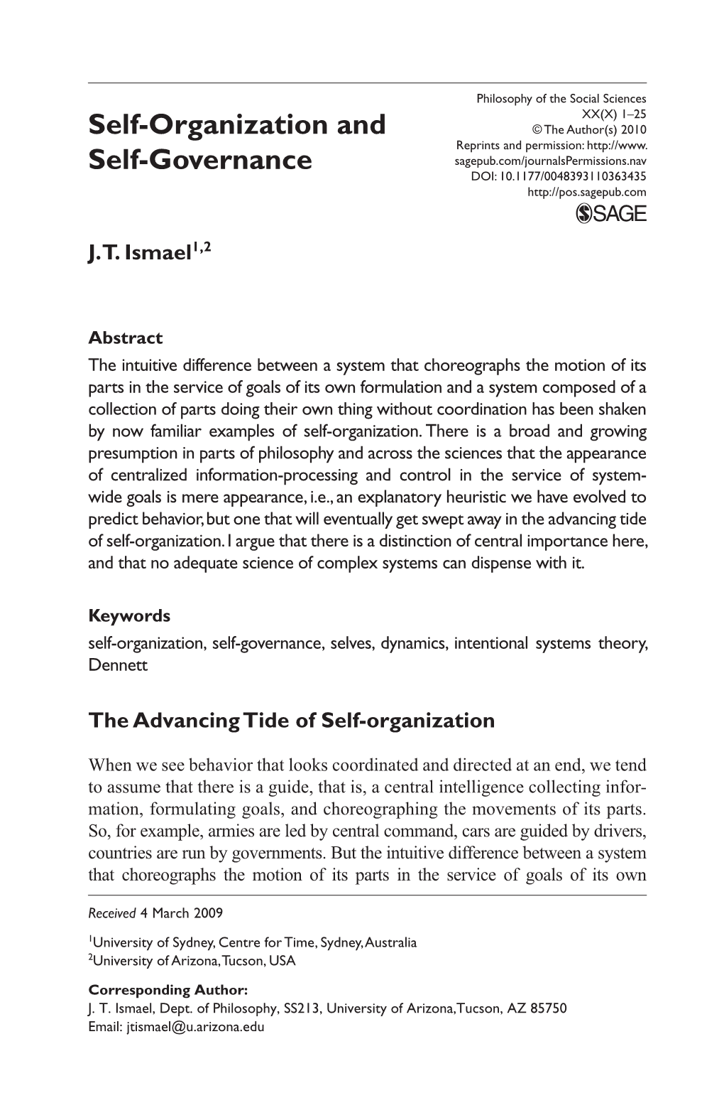 Self-Organization and Self-Governance Is Not One That Appears If We Look at the Level of Individual Components of a System