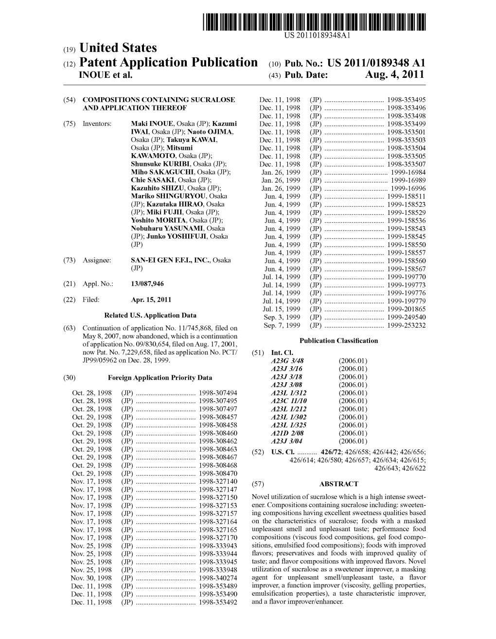 (12) Patent Application Publication (10) Pub. No.: US 2011/0189348 A1 NOUE Et Al