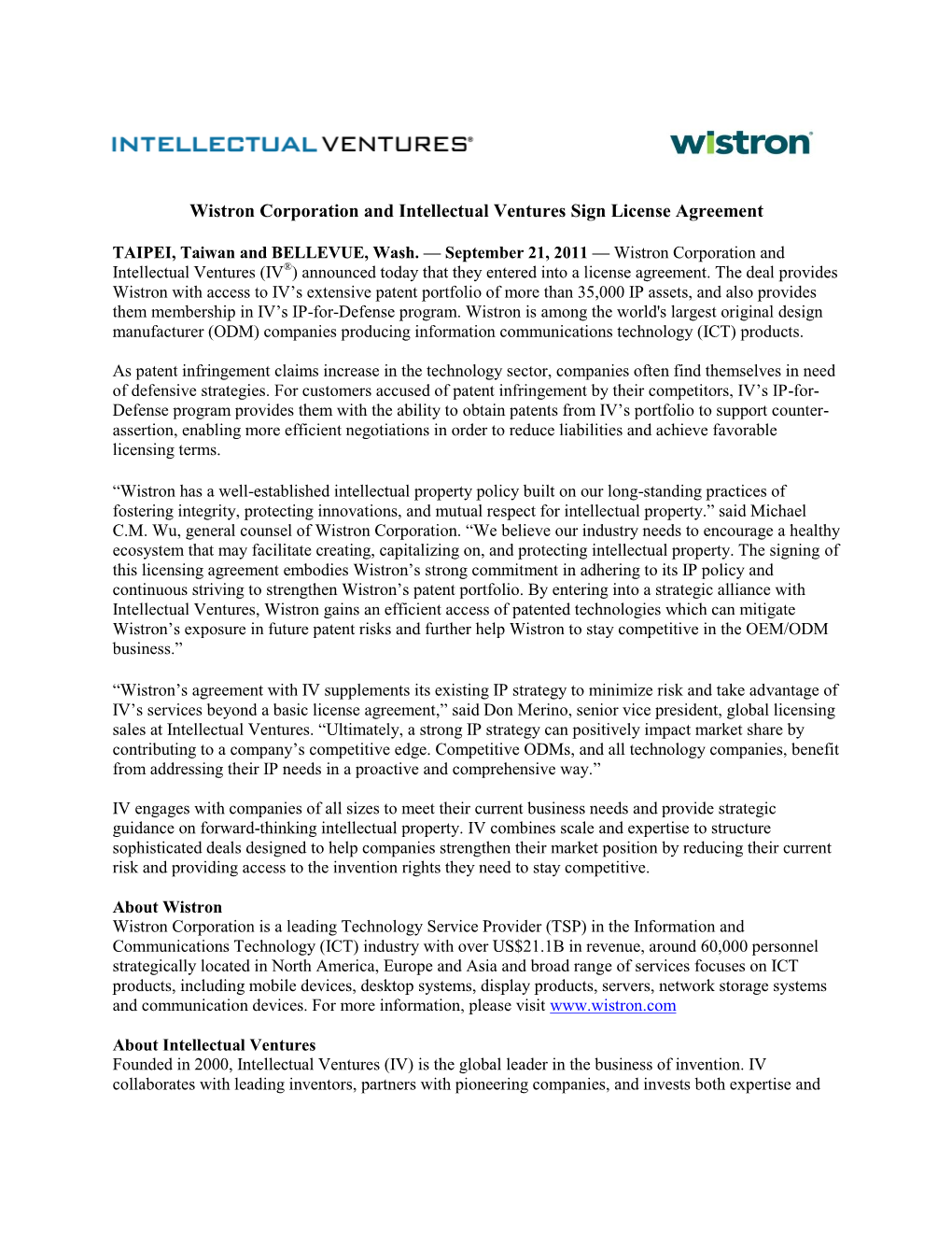 Wistron Corporation and Intellectual Ventures Sign License Agreement