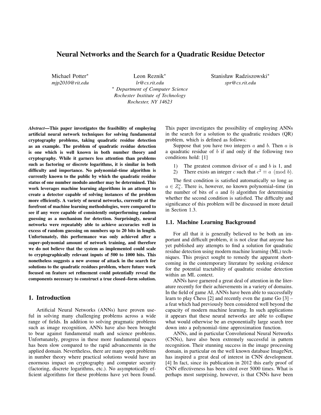 Neural Networks and the Search for a Quadratic Residue Detector