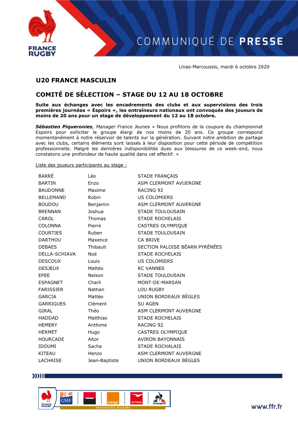 U20 France Masculin Comité De Sélection – Stage Du 12 Au 18 Octobre