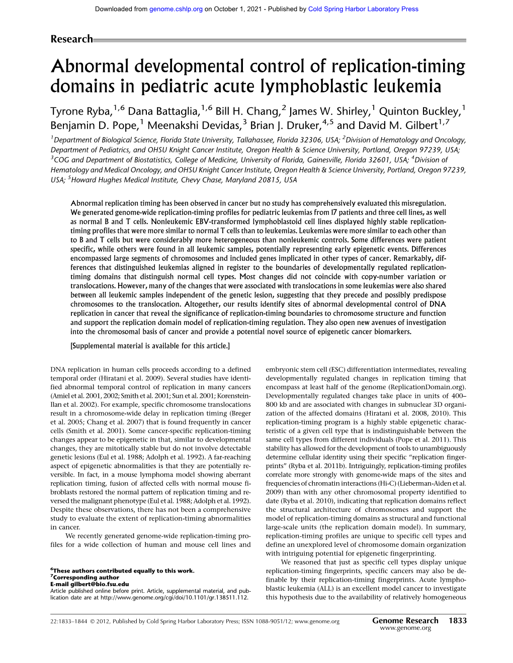 Abnormal Developmental Control of Replication-Timing Domains in Pediatric Acute Lymphoblastic Leukemia