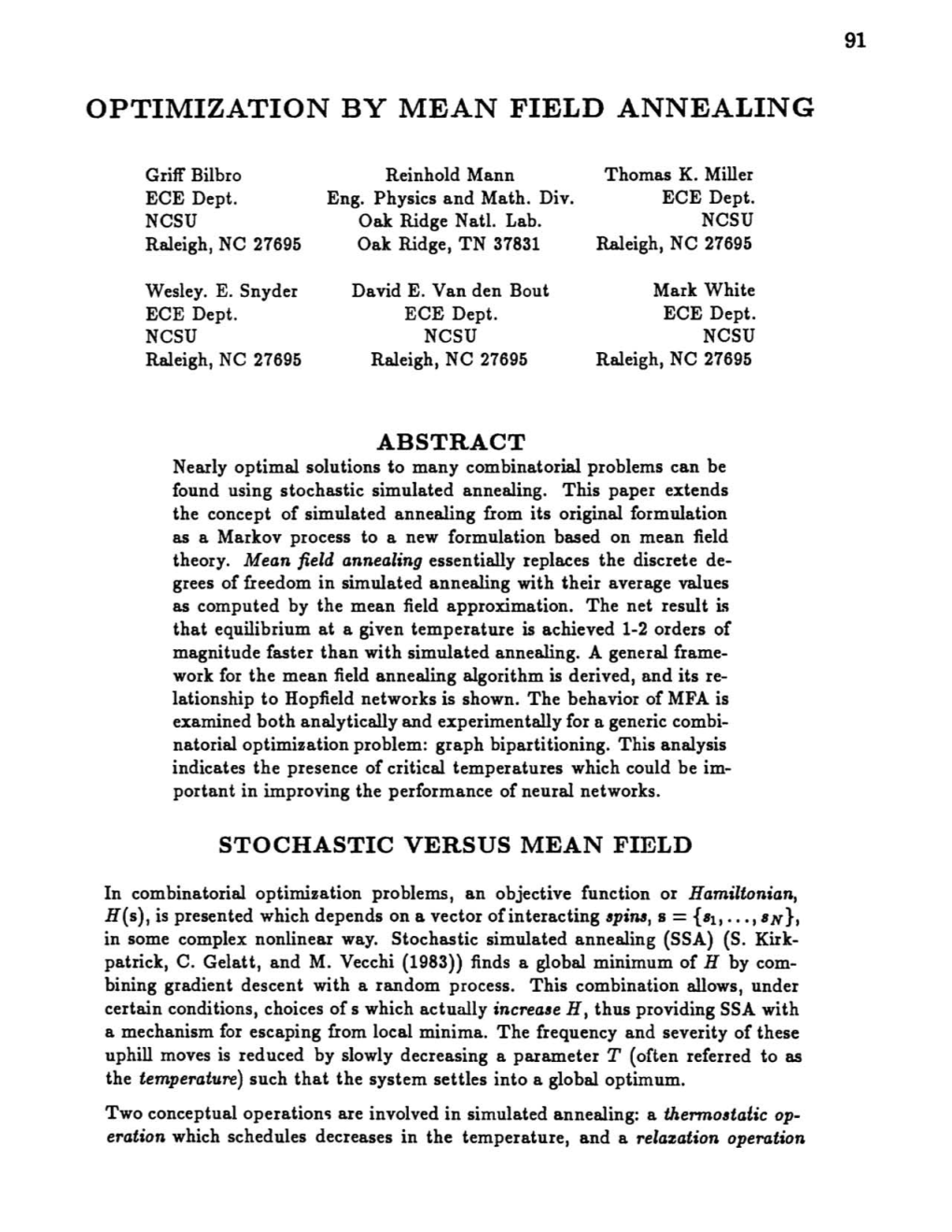 Optimization by Mean Field Annealing