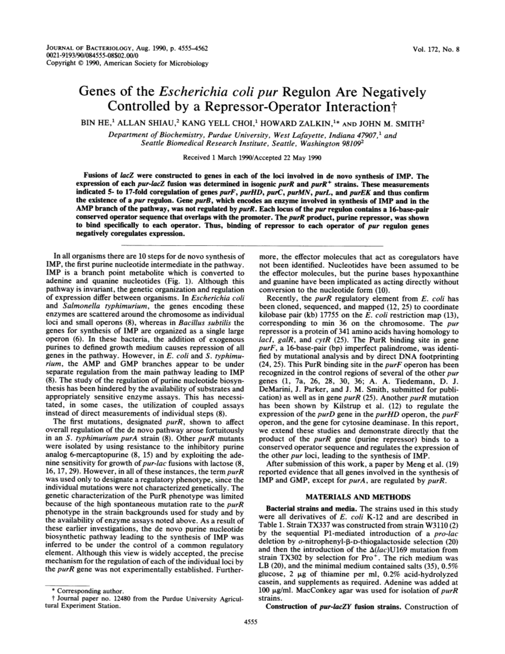 Genes of the Escherichia Coli Pur Regulon Are Negatively Controlled