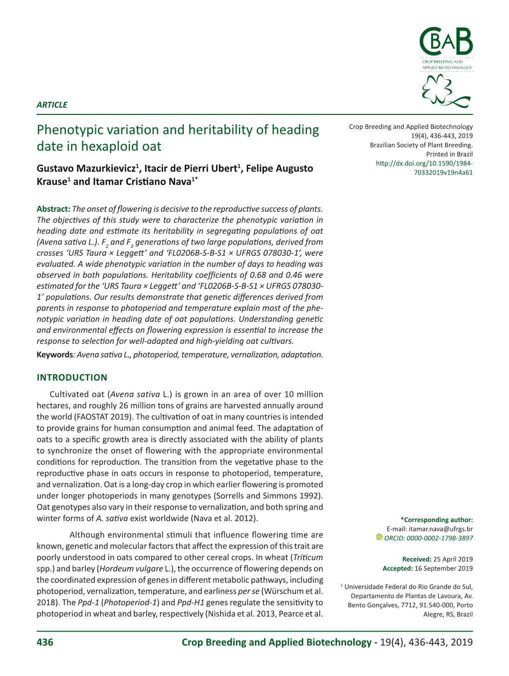 Phenotypic Variation and Heritability of Heading Date in Hexaploid Oat