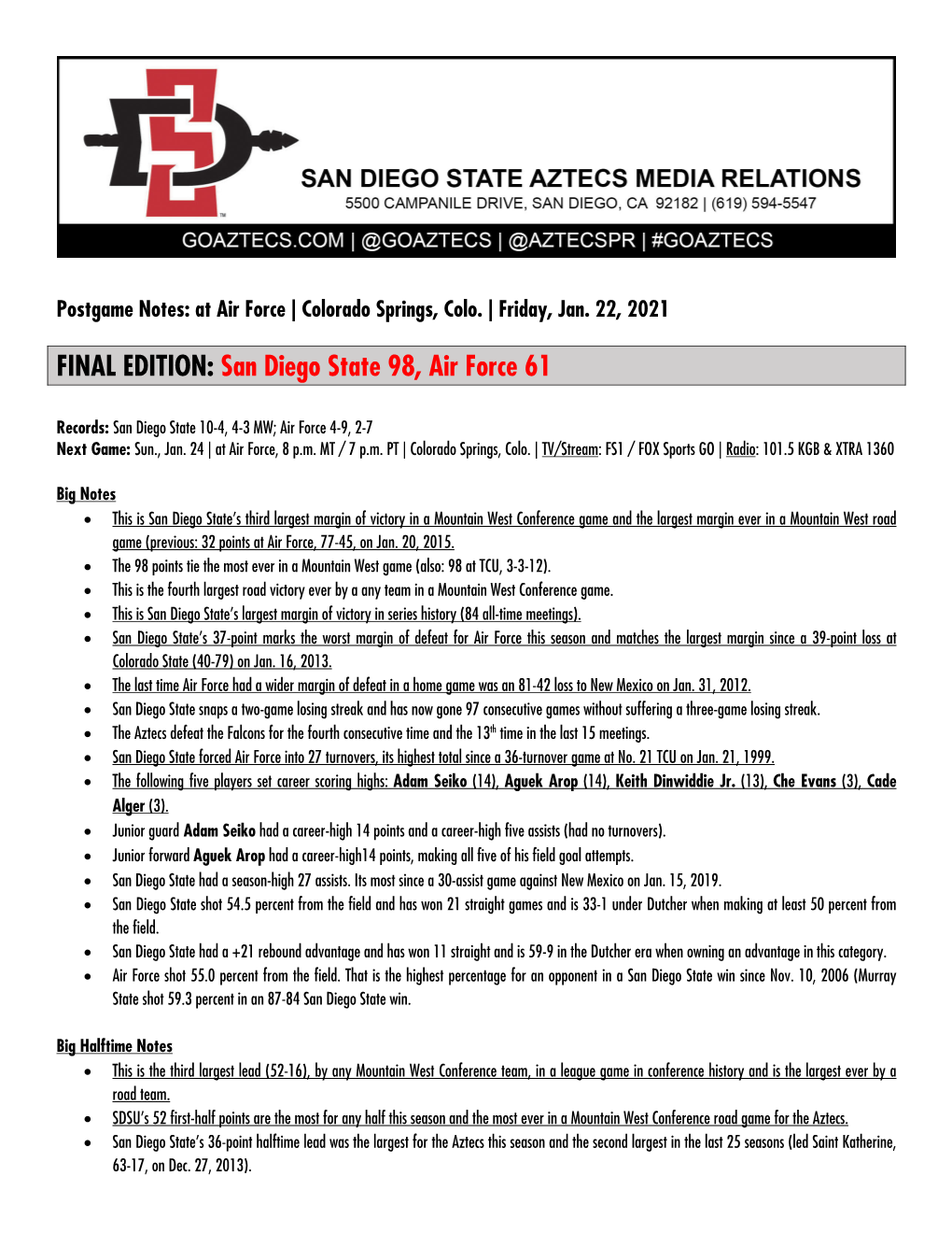 FINAL EDITION: San Diego State 98, Air Force 61