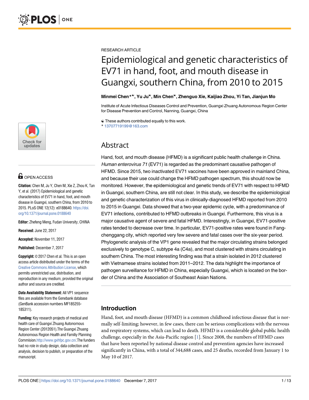 Epidemiological and Genetic Characteristics of EV71 in Hand, Foot, and Mouth Disease in Guangxi, Southern China, from 2010 to 2015