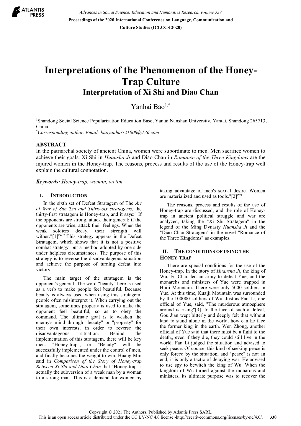 Interpretations of the Phenomenon of the Honey- Trap Culture Interpretation of Xi Shi and Diao Chan Yanhai Bao1,*