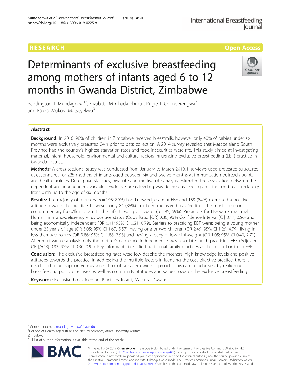 Determinants of Exclusive Breastfeeding Among Mothers of Infants Aged 6 to 12 Months in Gwanda District, Zimbabwe Paddington T